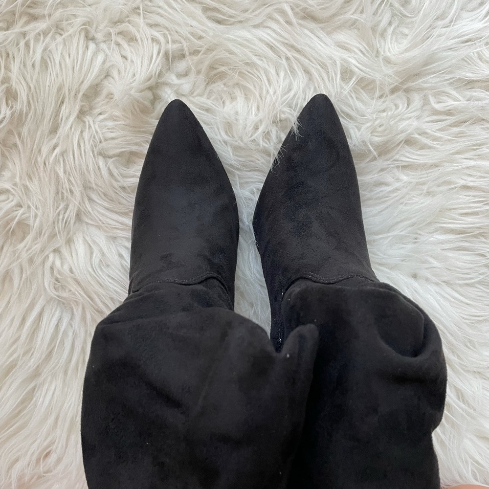 Black Slouchy Pointed Toe Faux Suede Boots - Picture 8 of 15